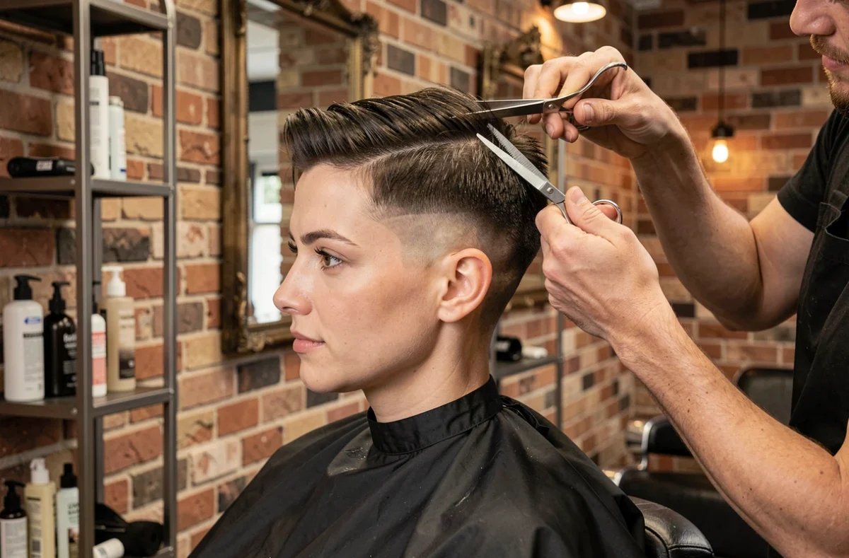Coiffeuse professionnelle en train de finaliser la coupe carré dégradé très court d'une cliente dans un barbershop moderne