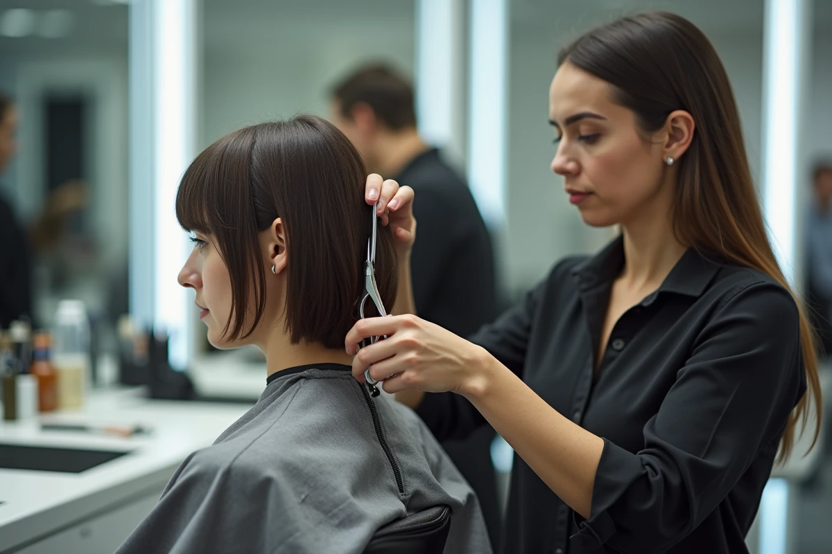 Coiffeuse professionnelle réalisant une coupe en carré court effilé dégradé avec des ciseaux à effiler dans un salon