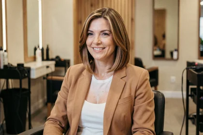 Femme de 40 ans avec une coupe au carré élégante dans un salon de coiffure parisien moderne