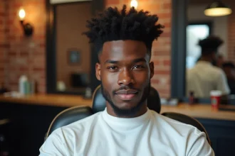 Homme aux cheveux frisés épais avec une coupe dégradée dans un salon de coiffure urbain