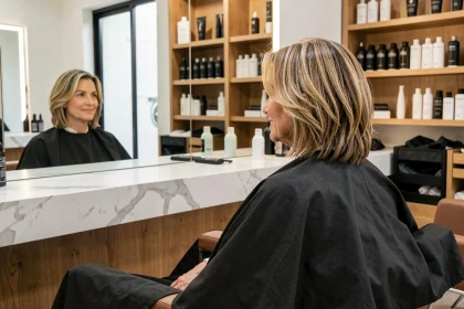 Femme de 48 ans découvrant sa nouvelle coupe de cheveux rajeunissante dans un salon de coiffure moderne