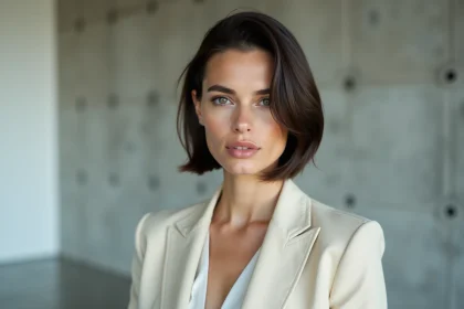 Femme aux cheveux courts en carré plongeant portant un blazer crème dans un studio minimaliste, coupe inspirée des podiums 2026