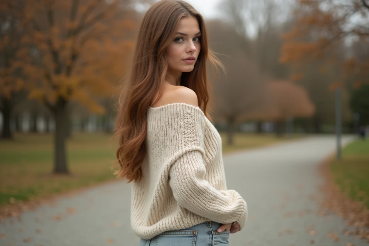 Femme aux cheveux longs châtains avec une coupe cuenta en V visible, photographiée de dos dans un parc en automne