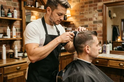 Barbier réalisant une coupe en dégradé haut sur un client dans un salon de coiffure vintage