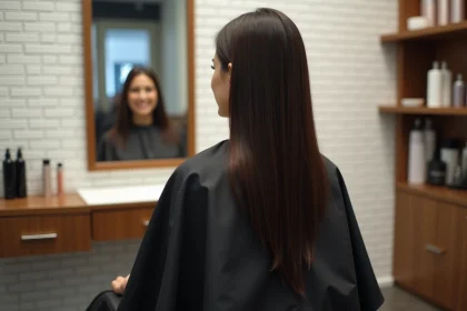 Femme aux cheveux longs bruns avec une coupe en V fraîchement réalisée dans un salon de coiffure moderne