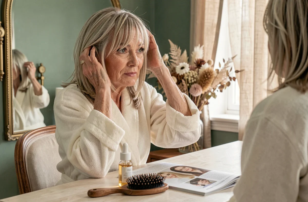 Femme de 60 ans se coiffant devant son miroir avec une nouvelle coupe à franges effilées rajeunissante