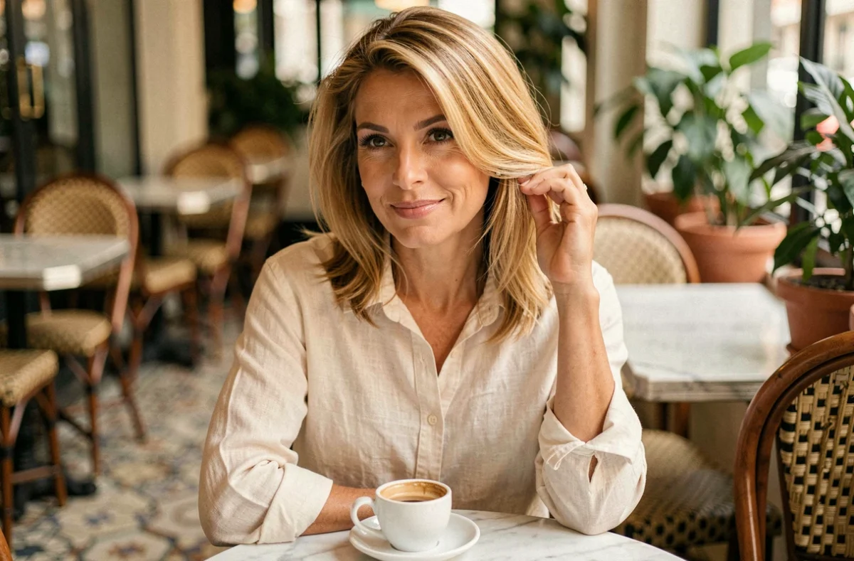 Femme élégante de 48 ans avec une coupe mi-longue et balayage miel dans un bistrot parisien