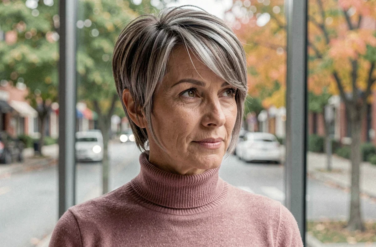 Femme dans la quarantaine arborant une coupe pixie courte avec des reflets argentés naturels devant une fenêtre urbaine