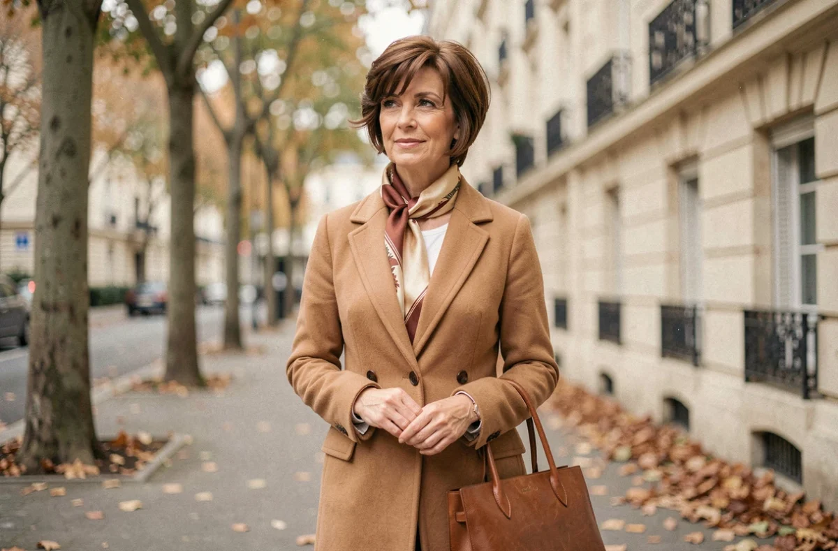 Femme élégante de 55 ans arborant une coupe pixie rajeunissante dans une rue parisienne en automne