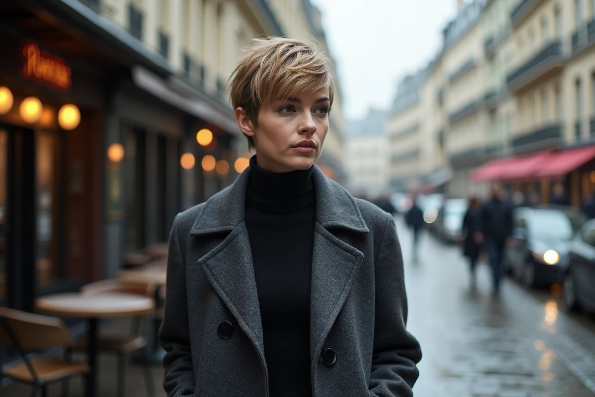 Femme avec une coupe pixie texturée marchant sur un trottoir parisien mouillé, tendance coupe courte automne-hiver 2026