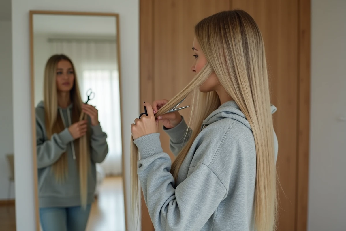 Jeune femme blonde coupant ses propres pointes de cheveux lisses devant un miroir dans une chambre minimaliste