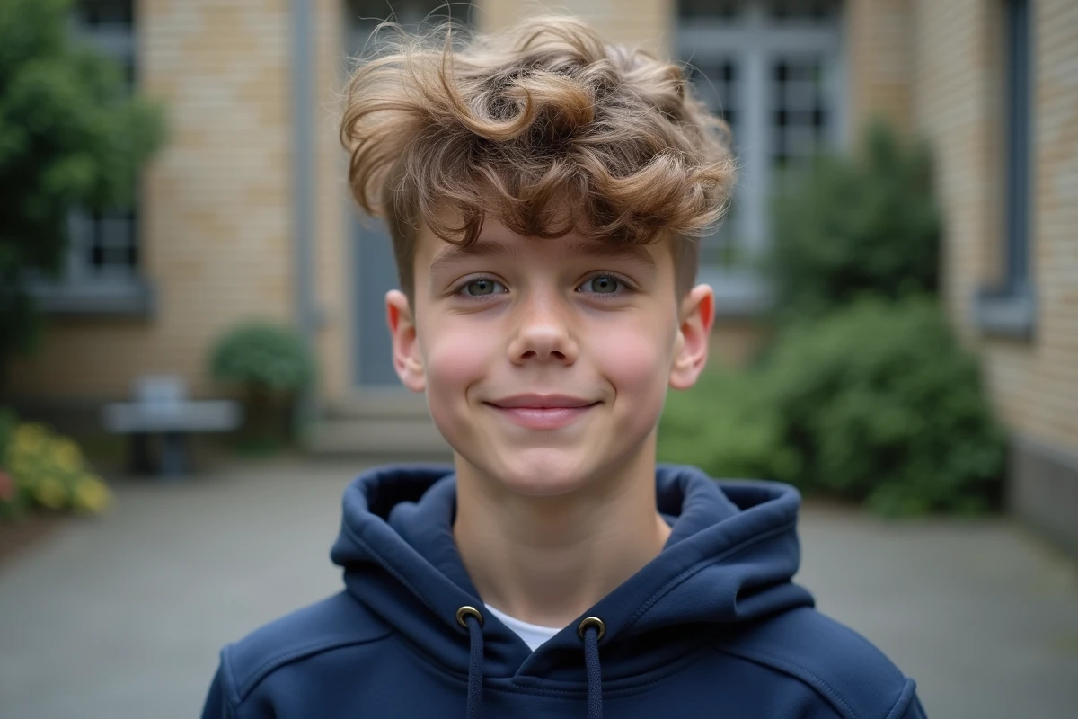 Jeune adolescent aux cheveux épais ondulés avec une coupe undercut texturée portant un hoodie bleu marine en extérieur