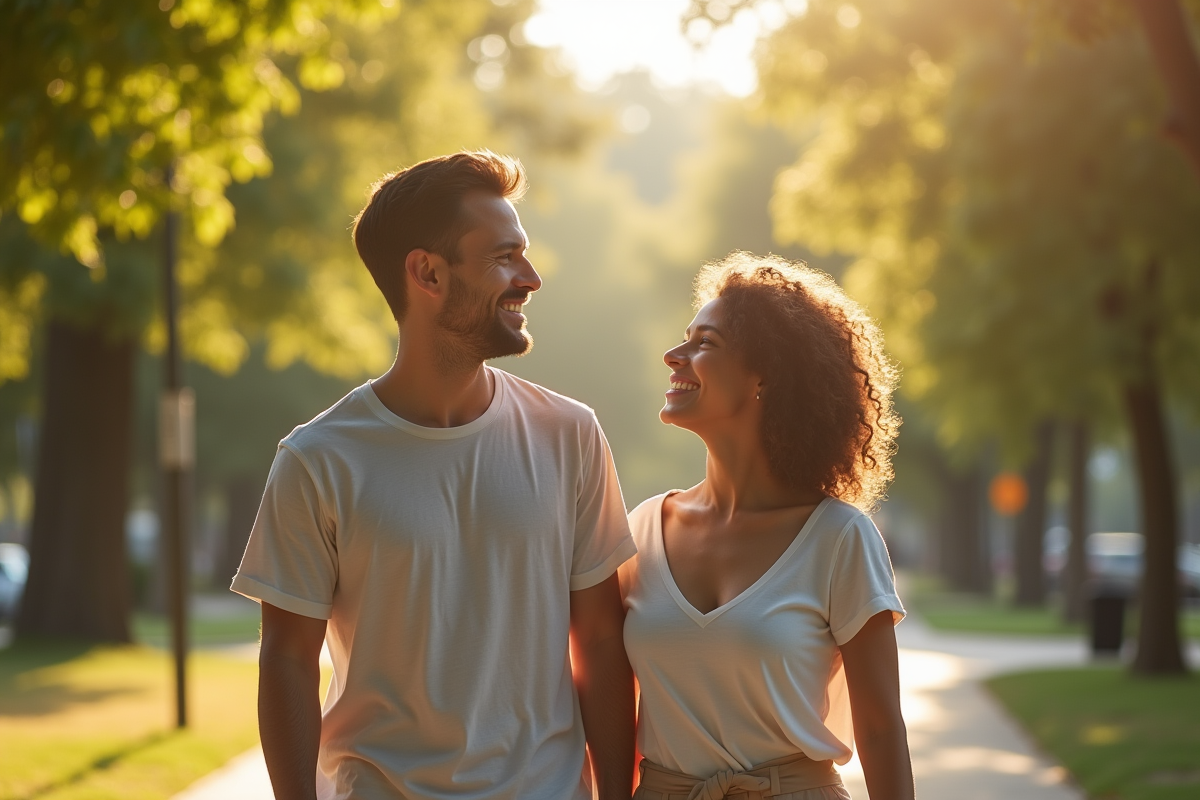 Couple souriant marchant dans un parc urbain en journée