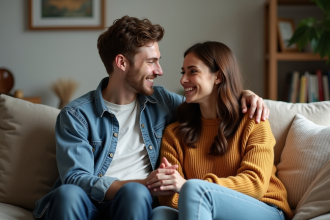 Jeune couple assis sur un sofa cosy partageant un sourire