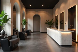Intérieur de salon de coiffure moderne et tendance en 2026 avec stations noires, miroirs sans cadre et décor minimaliste en terrazzo