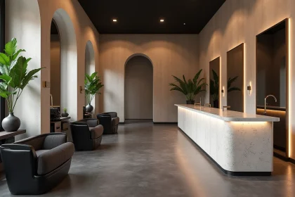 Intérieur de salon de coiffure moderne et tendance en 2026 avec stations noires, miroirs sans cadre et décor minimaliste en terrazzo