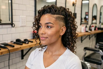 Femme aux cheveux bouclés avec dégradé espagnol soigné dans un salon de coiffure moderne