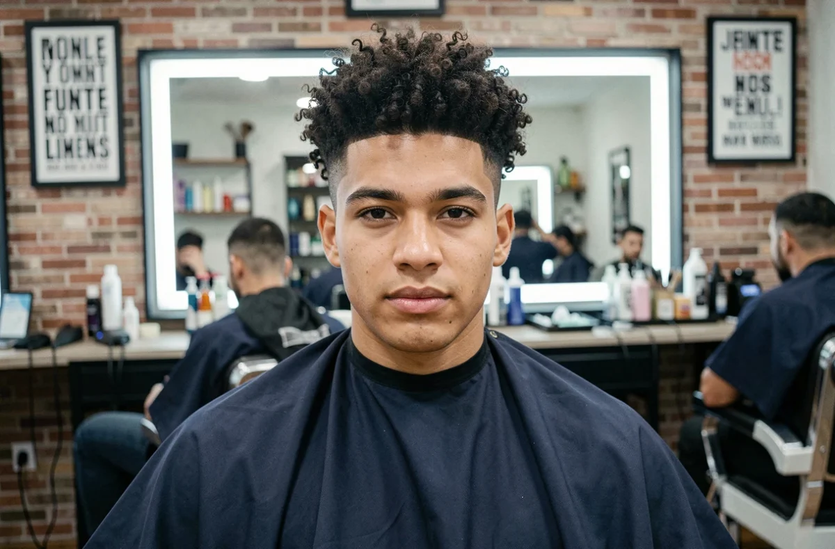 Homme avec dégradé espagnol sur cheveux bouclés afro dans un salon de coiffure urbain