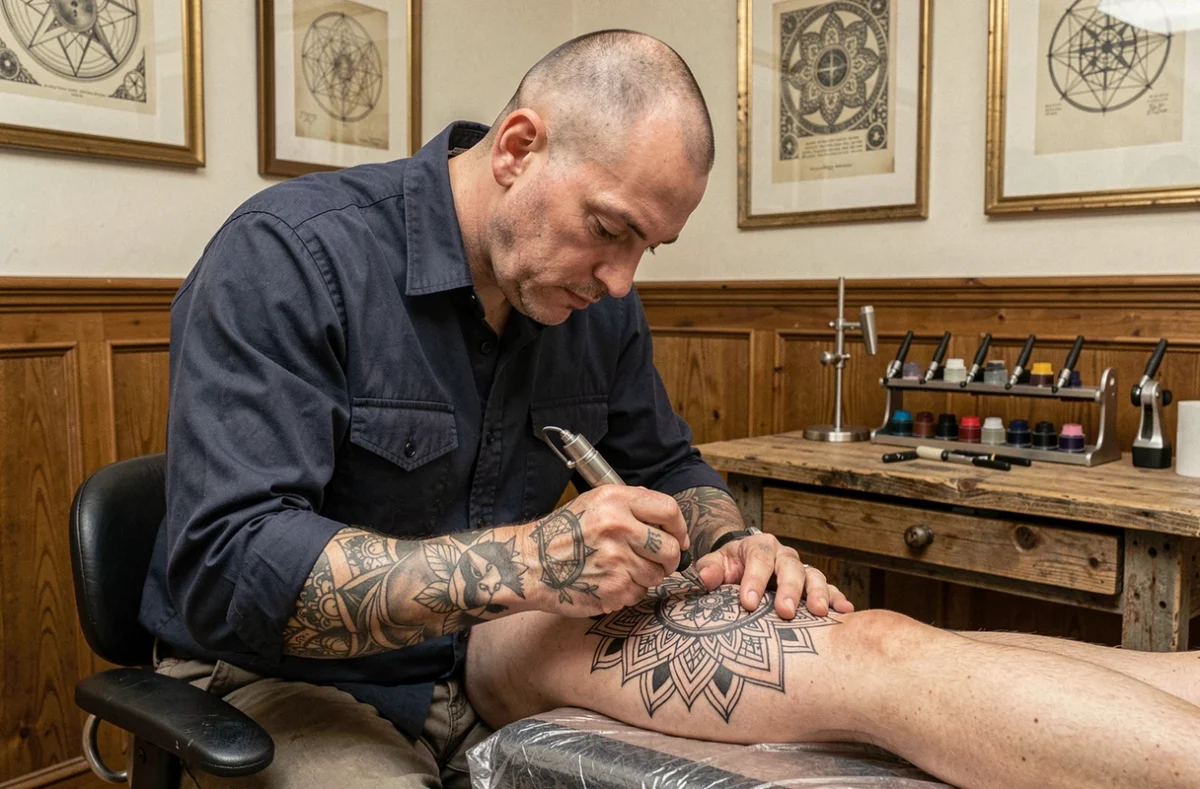 Tatoueur de Dermographink à Chambéry penché sur le mollet d'un client pour appliquer un mandala blackwork dans un studio aux boiseries vintage et aux impressions de géométrie sacrée