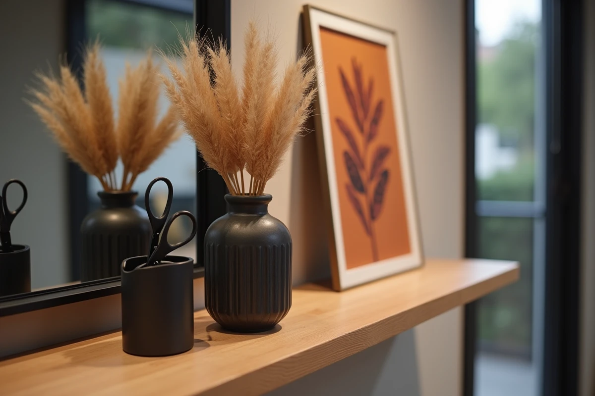 Détail décoratif d'une station de coiffure avec vase en grès, herbes de la pampa et étagère bois style tendance 2026