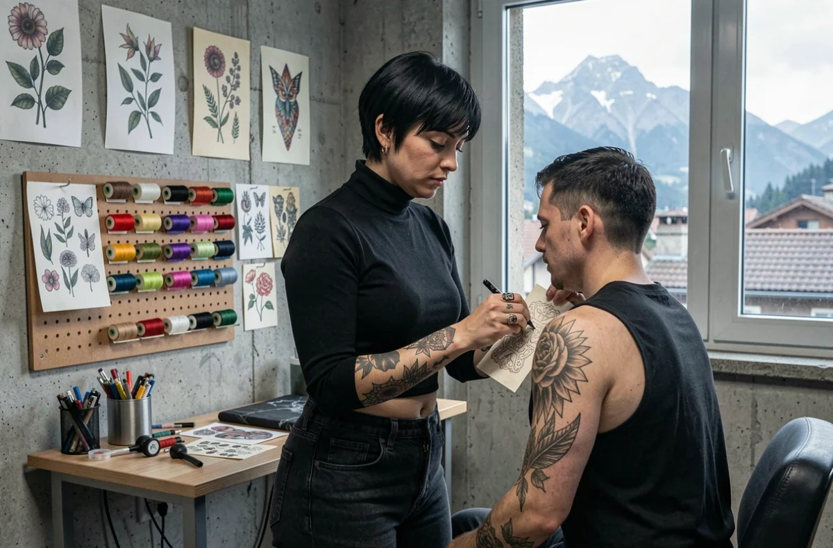 Emy Blacksheep, tatoueuse à Grenoble, plaçant un pochoir sur l'omoplate d'une cliente dans son studio décoré d'illustrations botaniques avec une vue sur les toits alpins