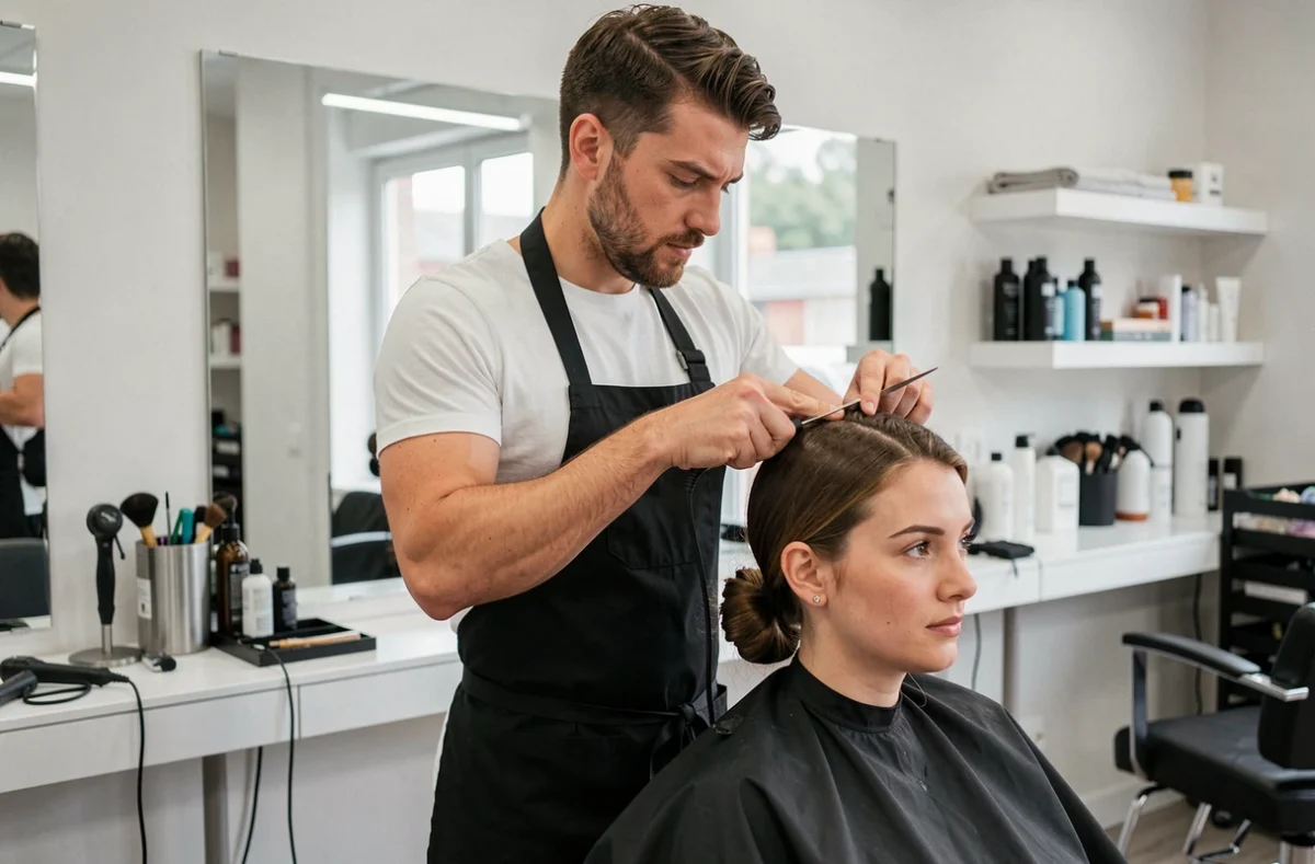 Coiffeur Enzo à Amiens réalisant une coupe précise sur une cliente dans son salon contemporain