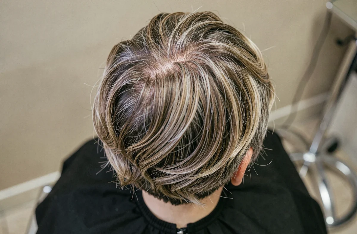 Gros plan sur les erreurs de texture et d'ondulation d'une mini vague mal réalisée sur cheveux fins courts