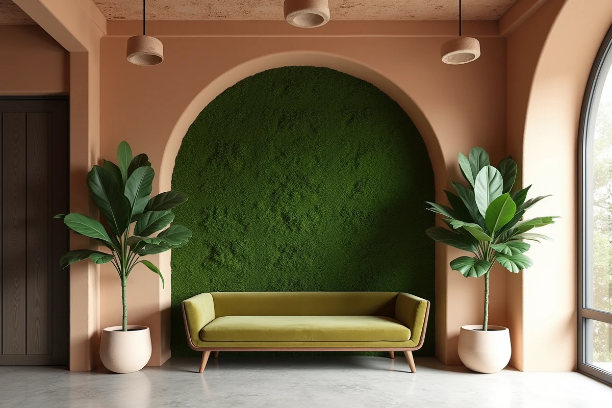 Espace d'attente de salon de coiffure haut de gamme en 2026 avec mur végétal mousse, banquette velours vert et plantes tropicales