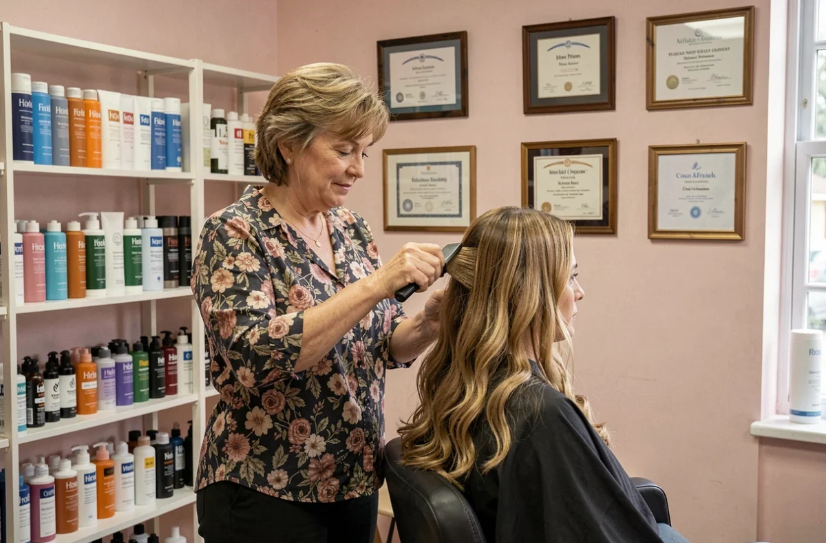 Séverine Foucault dans son salon Esthétique Coiffure à Hirson appliquant un soin colorant sur une cliente