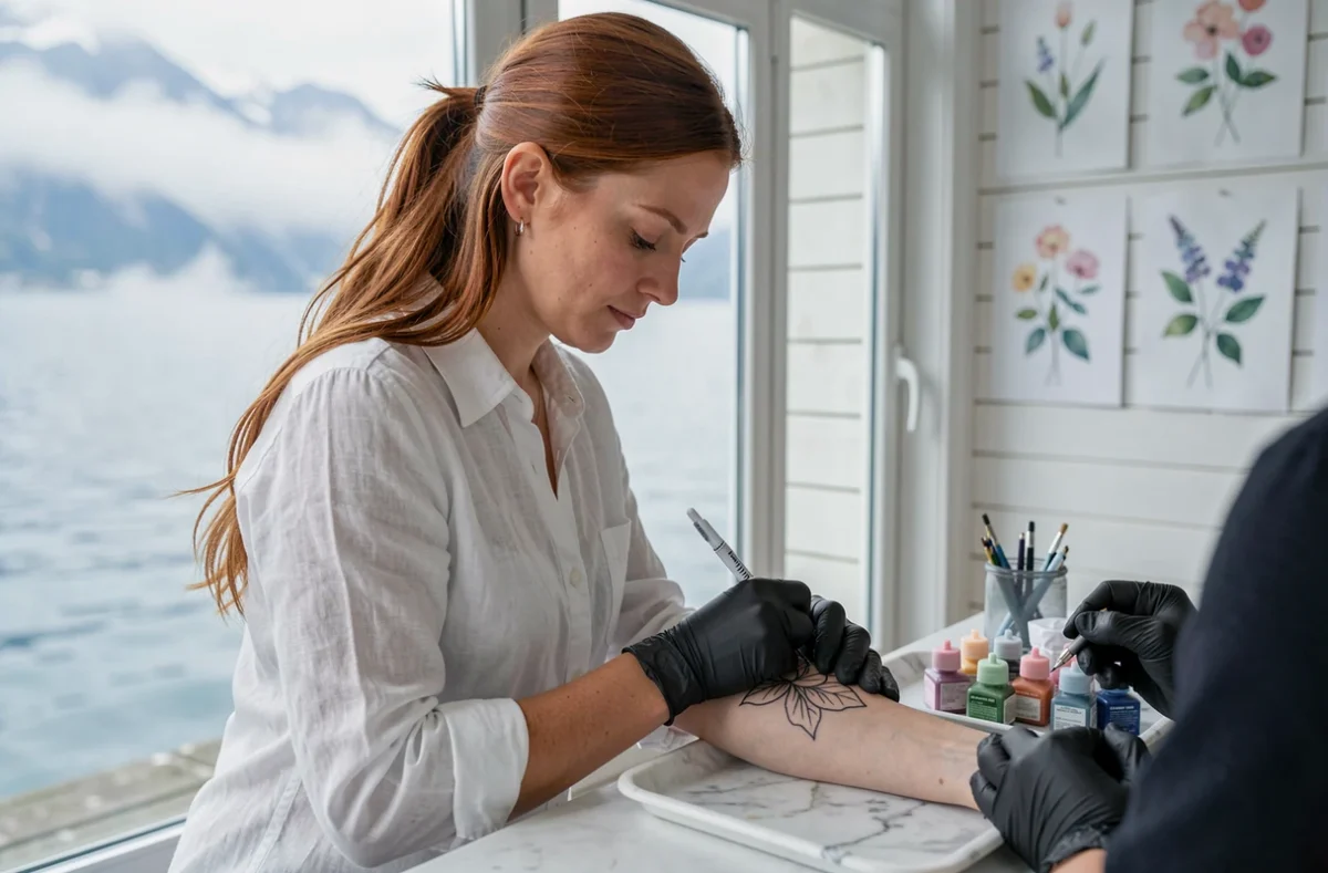 Tatoueuse de Feeble Ink à Évian-les-Bains appliquant un tatouage floral en fine ligne sur le poignet d'une cliente dans un studio avec vue sur le lac Léman dans le fond