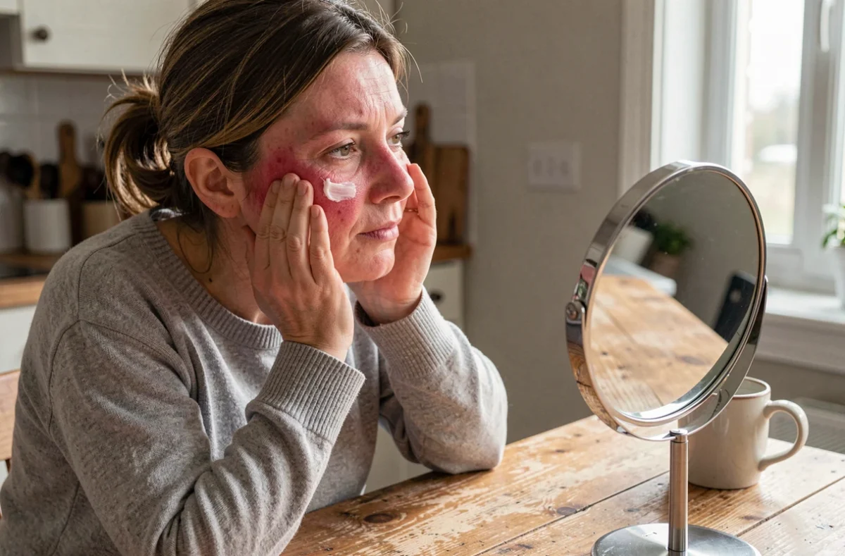 Femme appliquant une crème apaisante sur une peau rougissante atteinte de rosacée dans sa cuisine