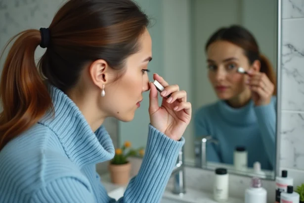Femme appliquant du khôl dans sa salle de bain lumineuse