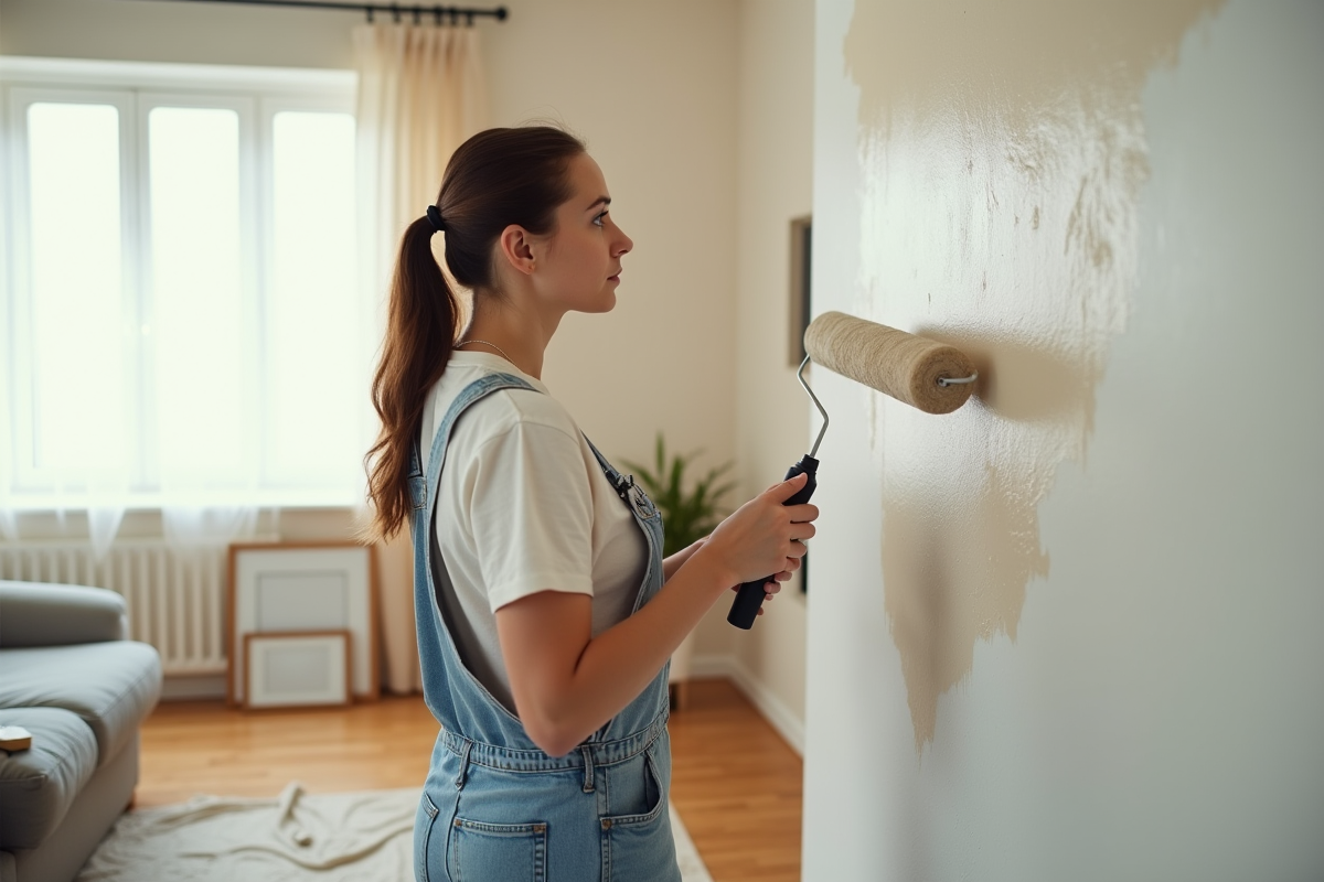 Jeune femme appliquant du primer sur un mur intérieur
