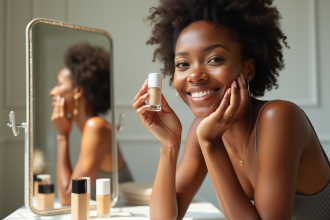 Femme diverse appliquant fond de teint devant miroir naturel