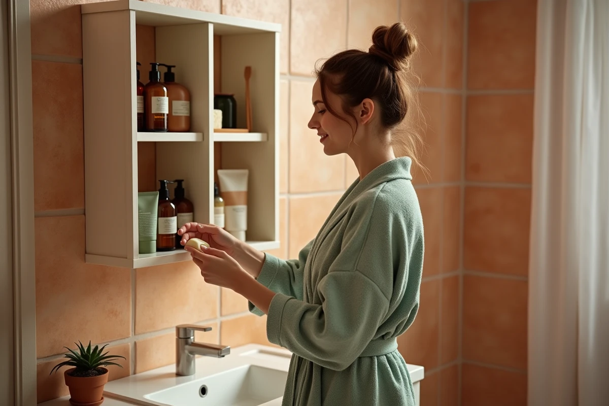 Femme en robe verte rangeant des produits de beauté naturels dans une armoire de salle de bain pour débuter une routine beauté clean