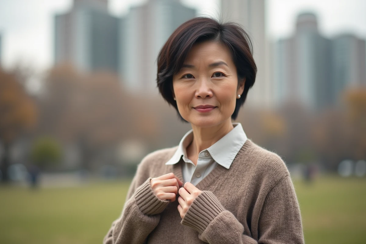 Femme en pull en extérieur dans un parc automnal