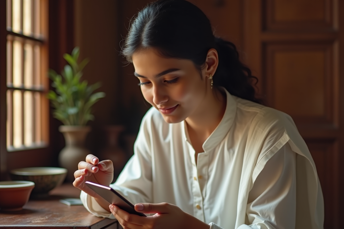 Jeune femme regardant dans un miroir pour placer un beauty mark