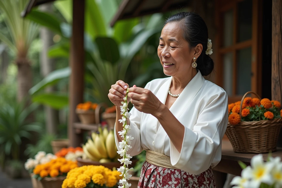 Femme balinaise expérimentée inspectant une guirlande de jasmin authentique de Bali dans un marché en plein air à Ubud, testant la qualité des fleurs entre ses doigts