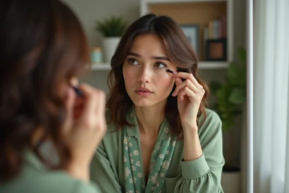 Femme appliquant un maquillage face à son miroir