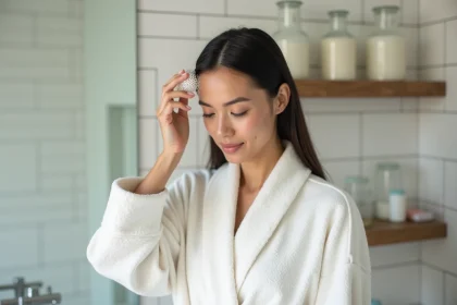 Femme utilisant une brosse massante sur cuir chevelu mouillé dans une salle de bain moderne