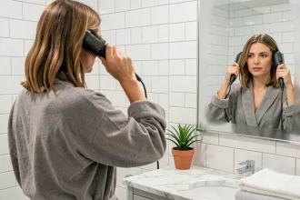 Femme aux cheveux fins utilisant une brosse soufflante dans une salle de bain moderne