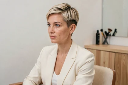 Femme avec un carré dégradé très court bien structuré, assise dans un salon de coiffure moderne au design épuré