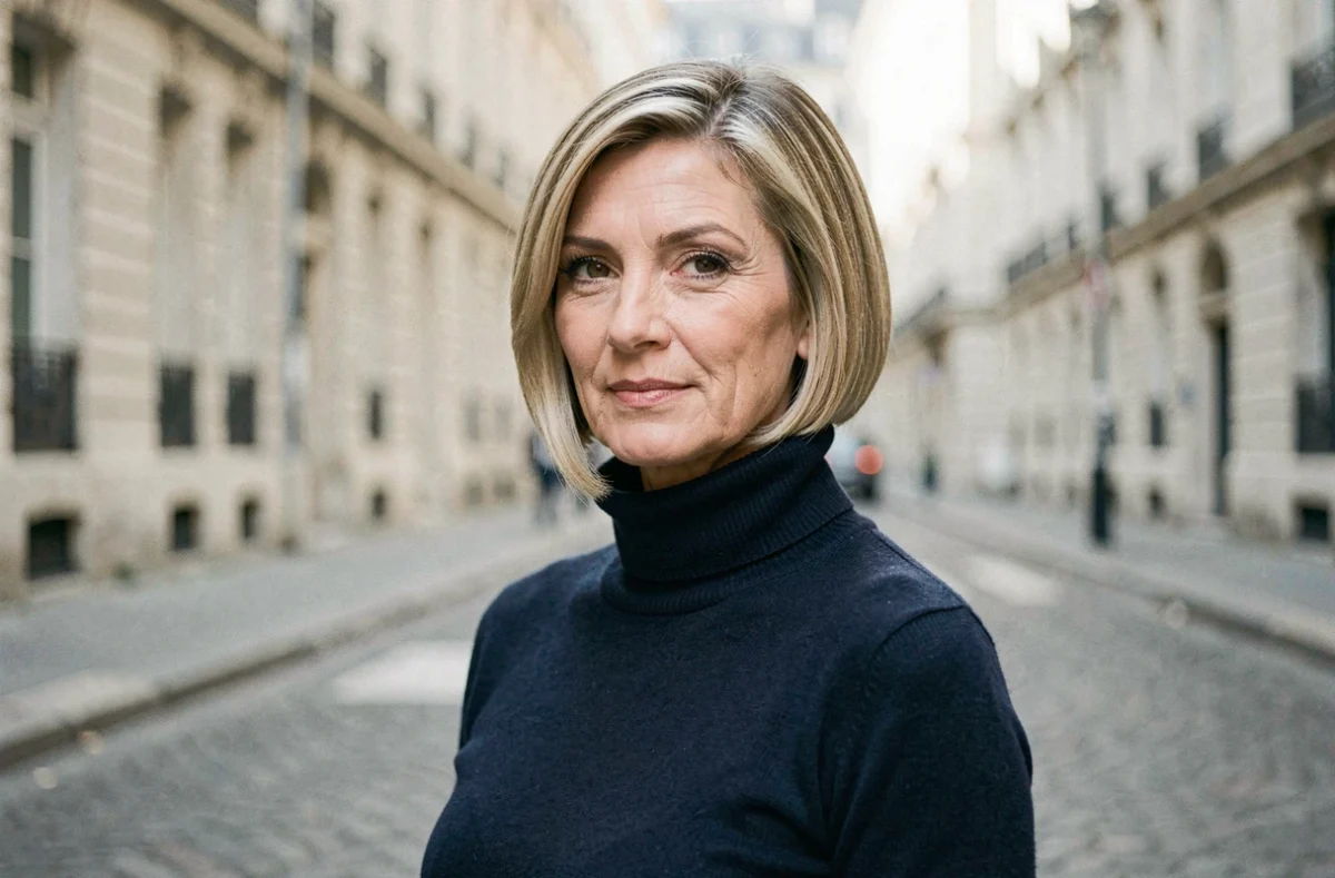 Femme mature arborant un carré très court dégradé dans une rue parisienne pavée avec un look urbain élégant