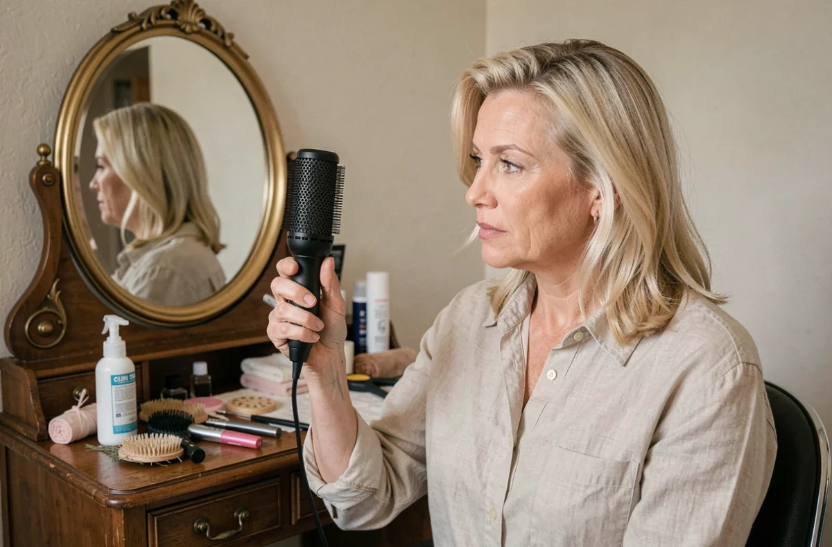 Femme aux cheveux fins blonds inspectant une brosse soufflante volumisante près d'un miroir vintage