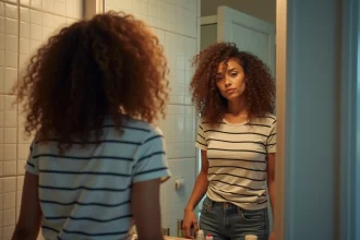 Femme regardant ses boucles frisées dans le miroir de la salle de bain