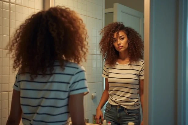 Femme regardant ses boucles frisées dans le miroir de la salle de bain