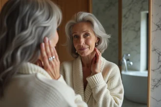 Femme aux cheveux gris et colorés se regardant dans le miroir