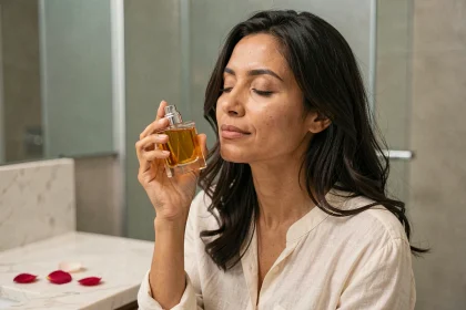 Femme tenant un flacon de parfum en verre près de son visage dans une salle de bain minimaliste en marbre, cherchant sa marque de parfum idéale