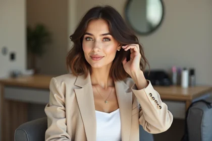 Femme élégante en salon coiffure avec blazer beige