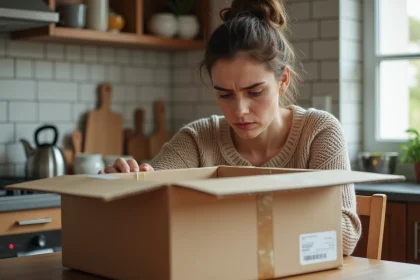 Femme inspectant un colis Primor livré en France avec une expression préoccupée dans une cuisine